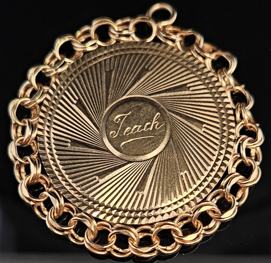 14K Gold TEACH ENGINE TURNED Charm Pendant Disc Teacher Vintage 9 GRAMS