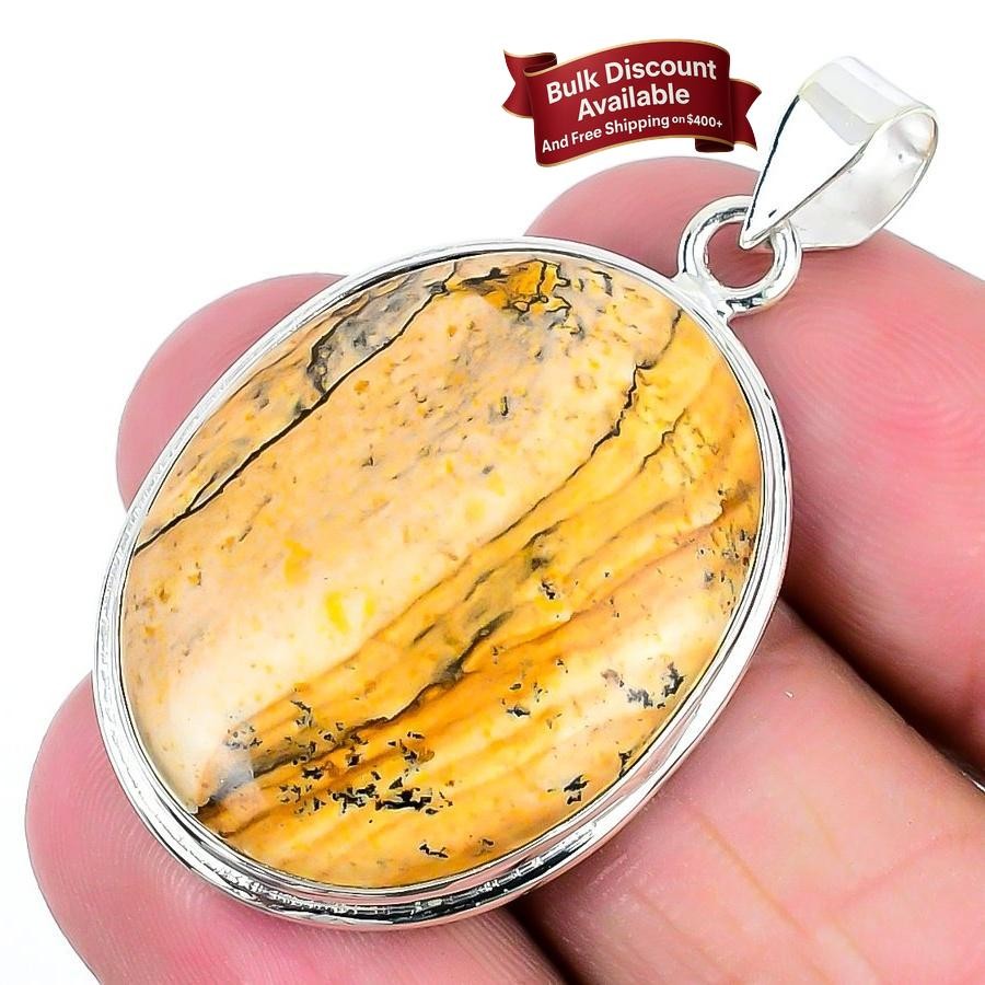 Natural Picture Jasper Solid Silver Ethnic Trendy Art Deco Birthday Boho Pendant