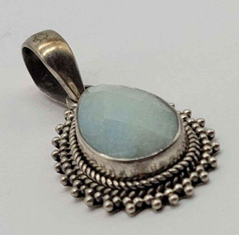 1.42″ Sterling Silver Tear Drop Pear Shape Very Light Blue Stone Pendant Beaded