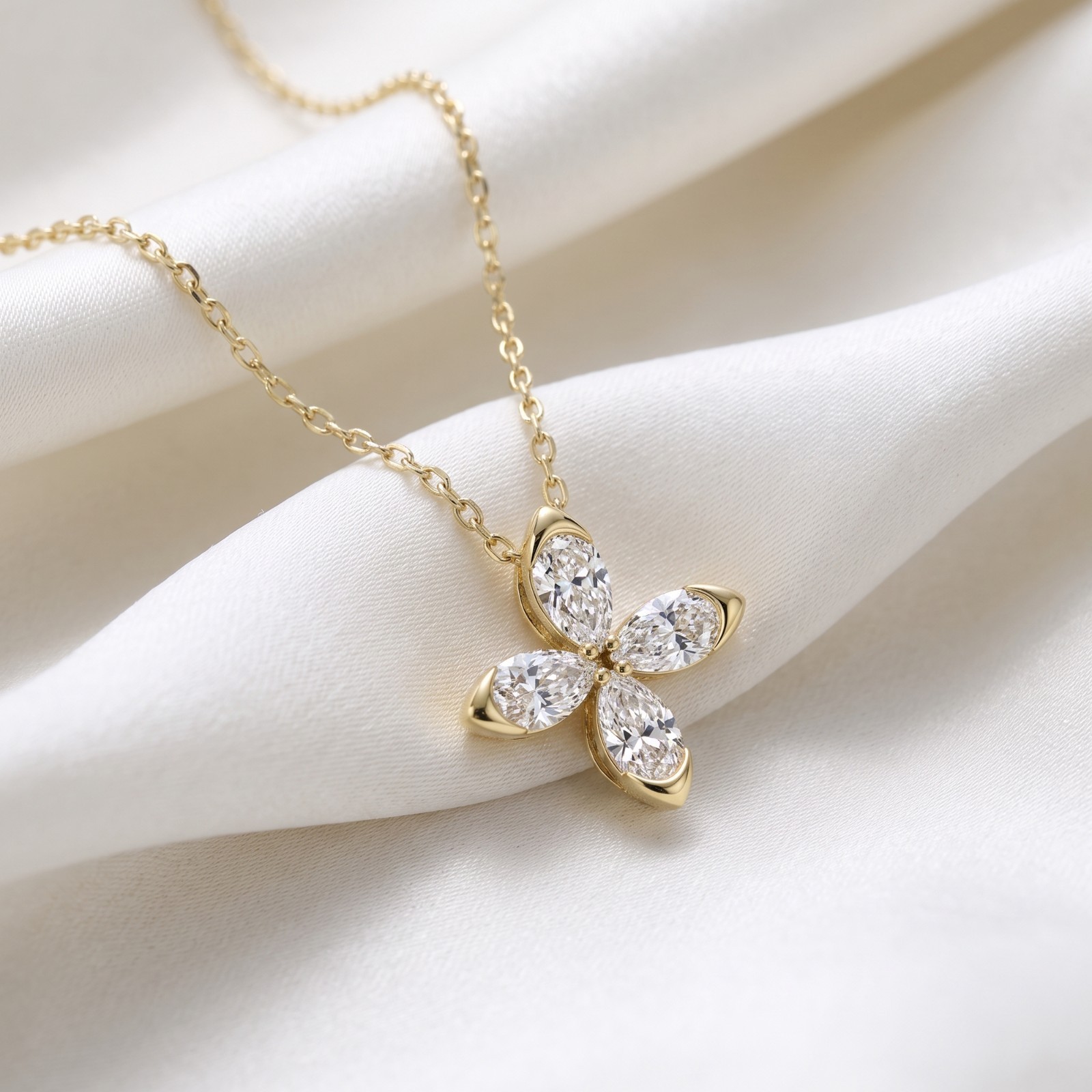 Four Leaf Flower Pendant Necklace 1.00 CTW Lab Grown Diamond Charm in 10K Gold