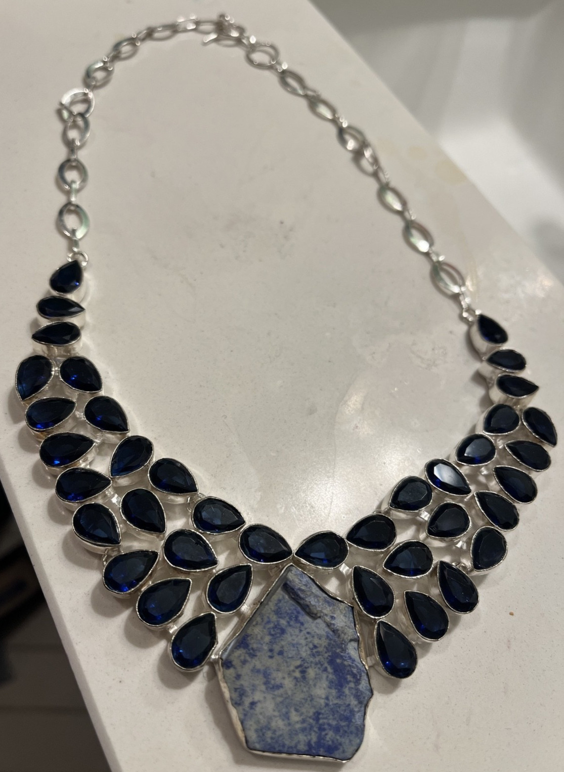 925 Sterling Silver Lapis Lazuli Blue Topaz Bib Statement Necklace Large Teardro