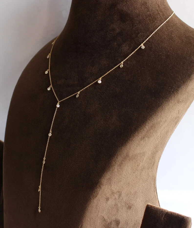 Long Lariat Chain Necklace 1.00Ct Lab-Created Diamond 14K Yellow Gold Plated