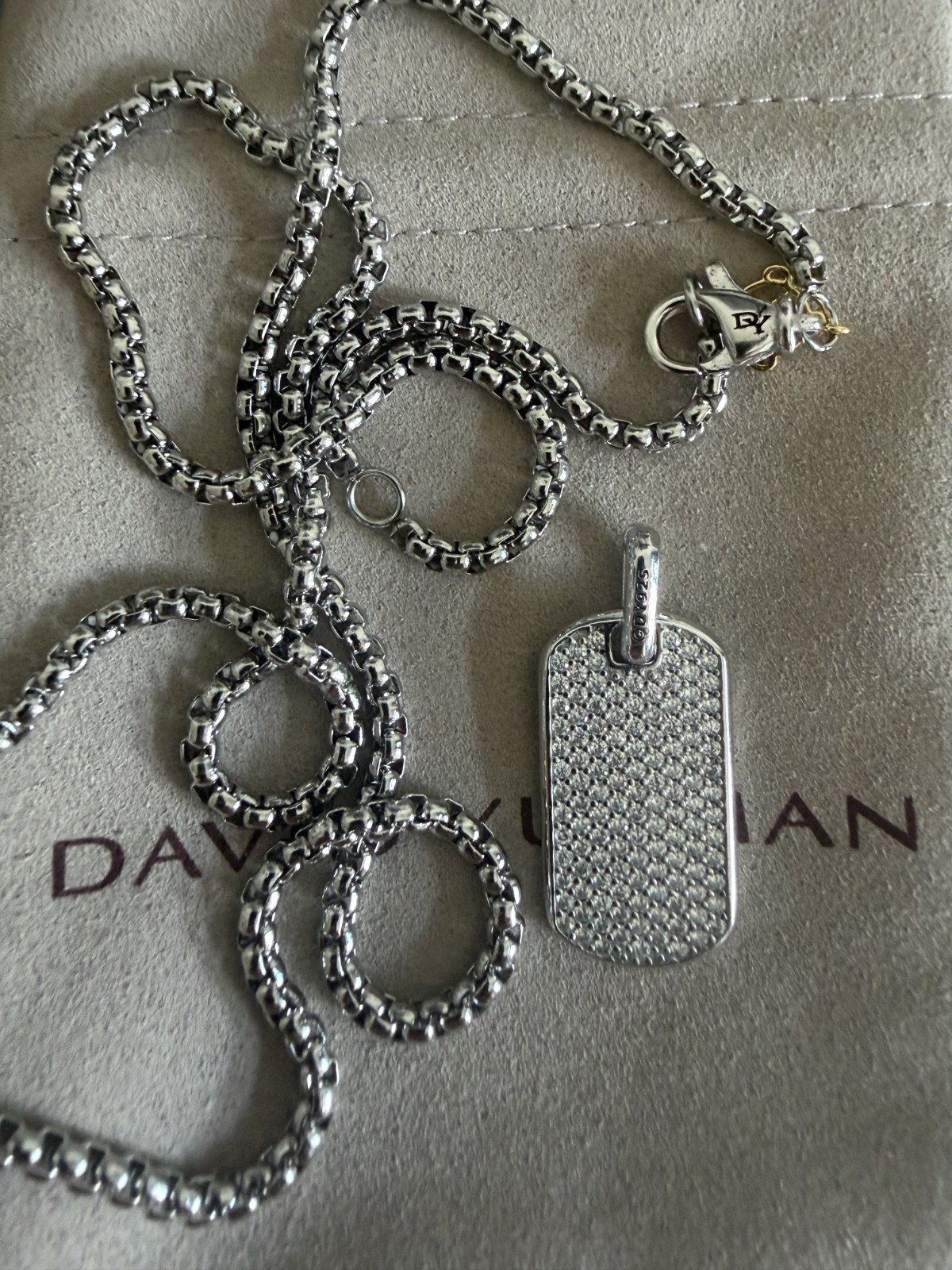 925 Silver David Yurman Diamond Dog tag Pendant with 22″ Chain Necklace