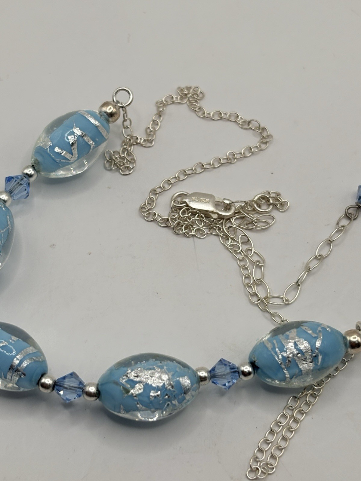 FAS 925 Sterling Silver Chain Necklace Clear & Baby Blue Glass Beads 17.5-21 In