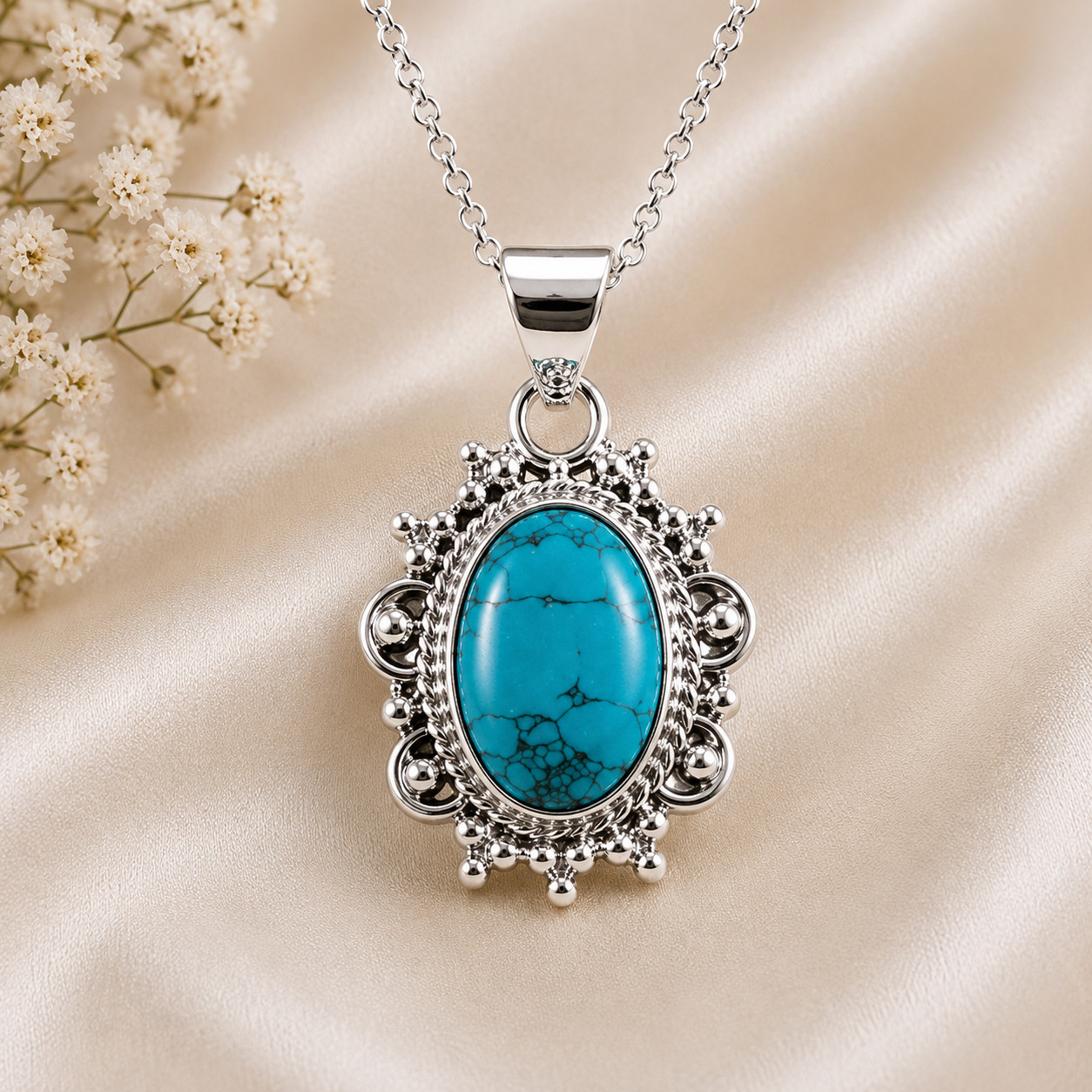 925 Sterling Silver Turquoise Pendant Necklace Oval Boho Vintage Handmade Gift