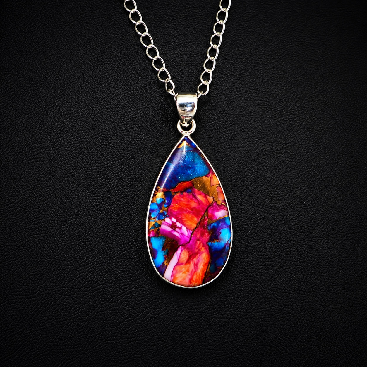 Kingman Oyster Turquoise Teardrop Pendant Necklace 925 Sterling Silver