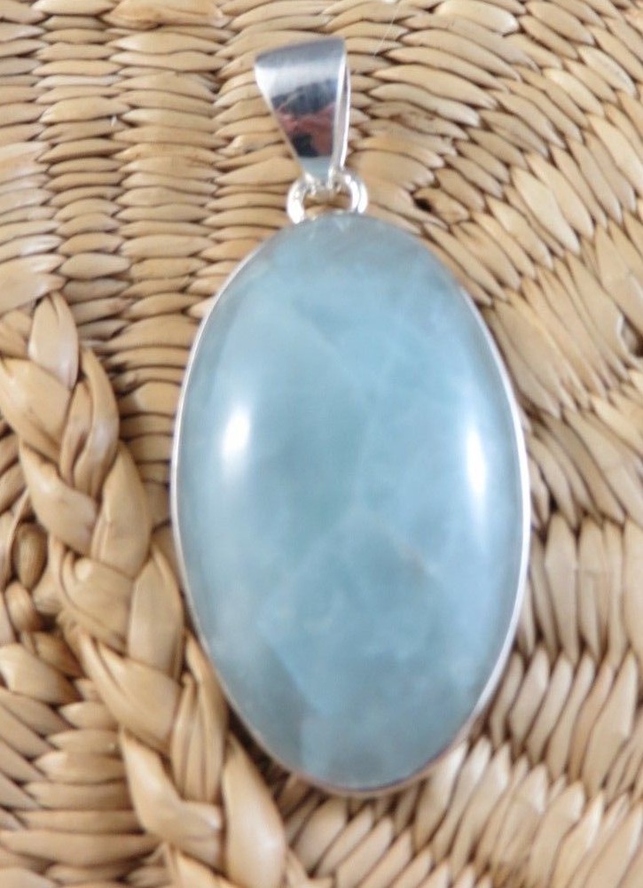 Large Opaque Blue Aquamarine Natural Gemstone 925 Sterling Silver Pendant #134
