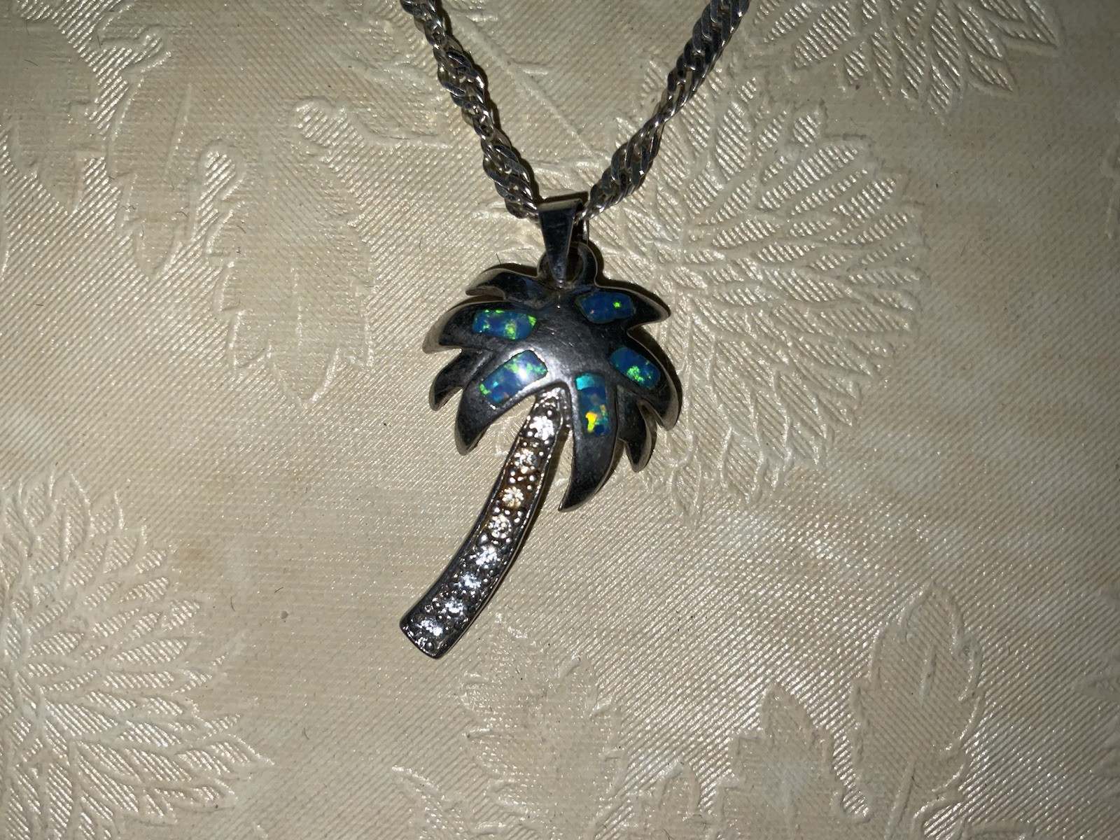 Sterling Silver Palm Tree Pendant Blue Opal Inlay, With CZ’s 18” Sterling Chain