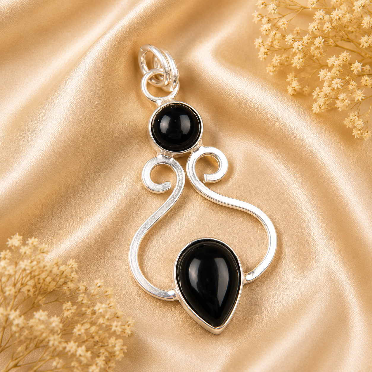 Black Onyx Cab Gemstone 925 Solid Silver Chain Pendent 1.60″ Gift For Women