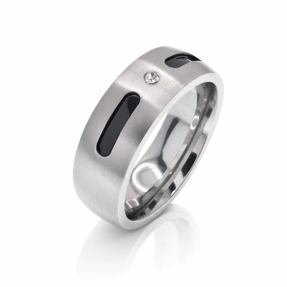Rhodium Plated Stainless Steel Black Inlay Solitaire CZ Men’s Ring