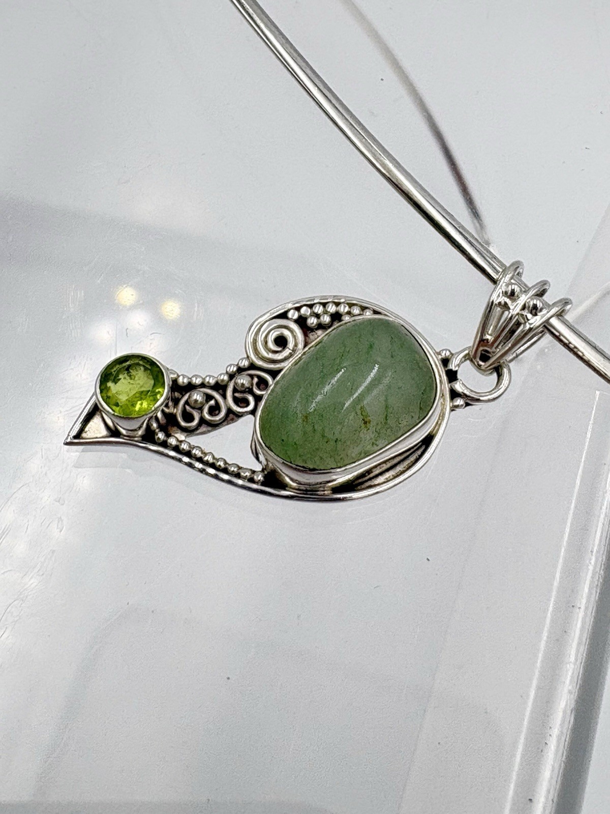 Sterling Silver Genuine Green Aventurine & Peridot Gemstone Bird Pendant 925