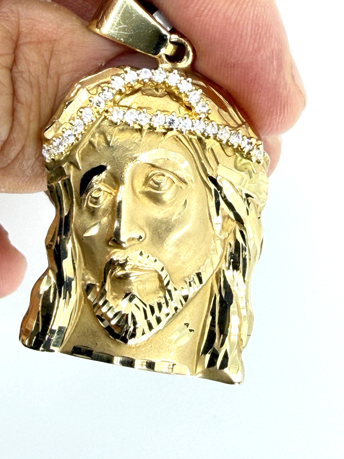 14K Solid Yellow Gold Jesus Face Piece Crown of Thorns CZ Pendant Italy