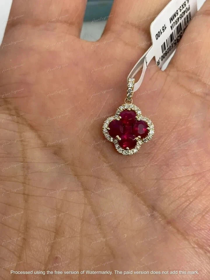 2Ct Oval Cut Lab-Created Red Ruby Clover Shape Pendant 14k Yellow Gold Finish