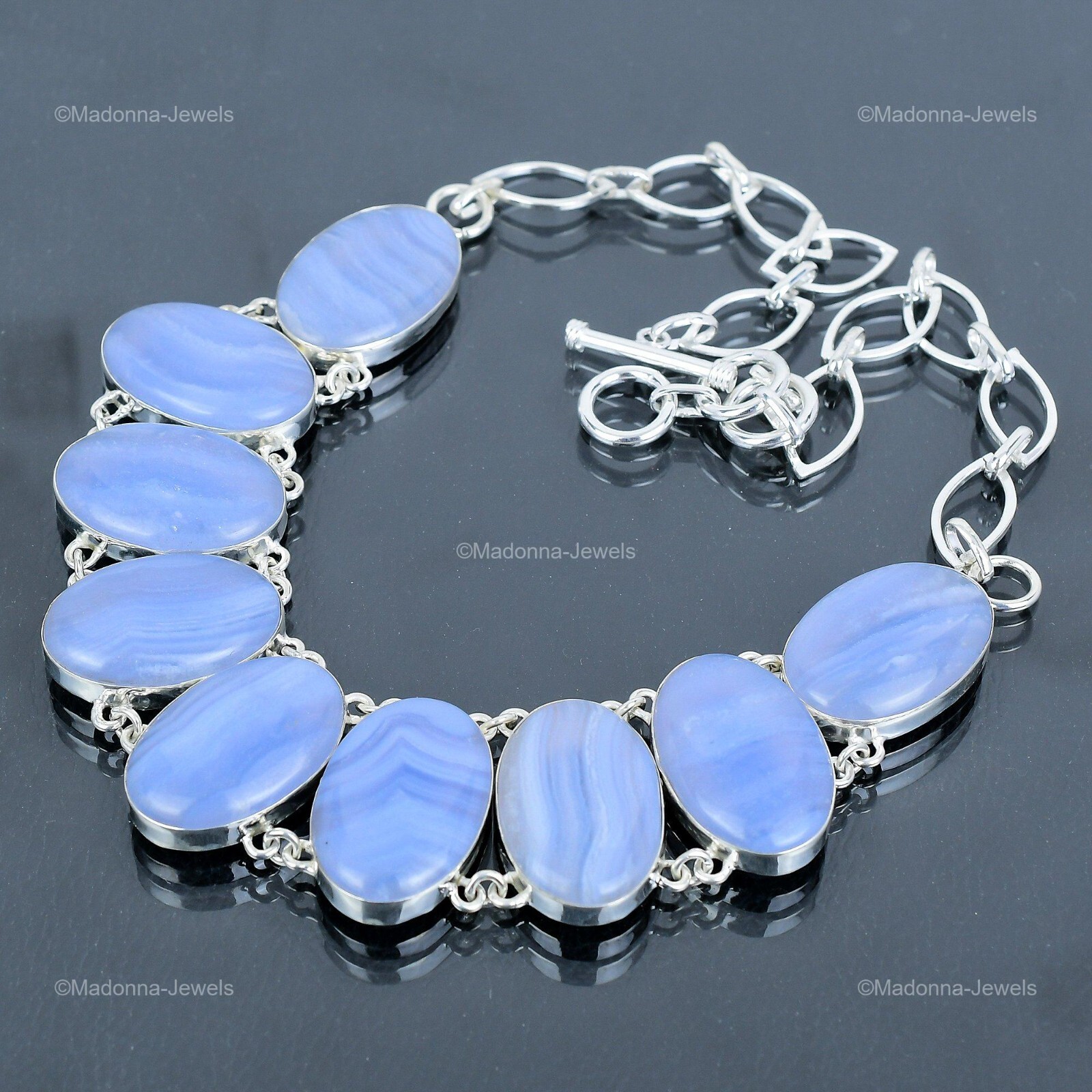 Valentines Sale Blue Lace Agate Stone Bezel Chain Necklace 925 Sterling Silver