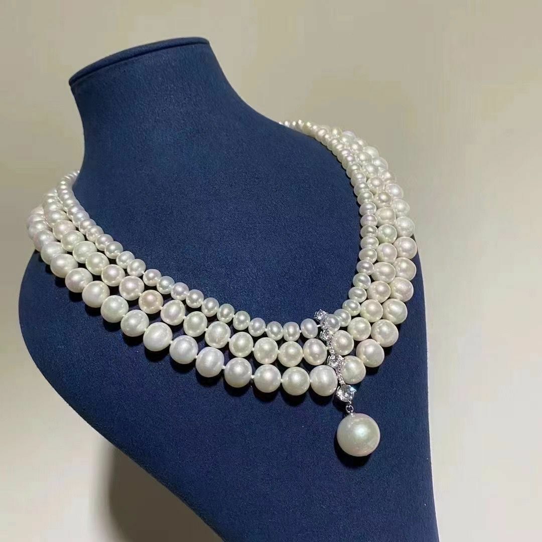 gorgeous triple strands6-7,7-8-8-9mmsouth sea white pealr necklace 18″19″20″