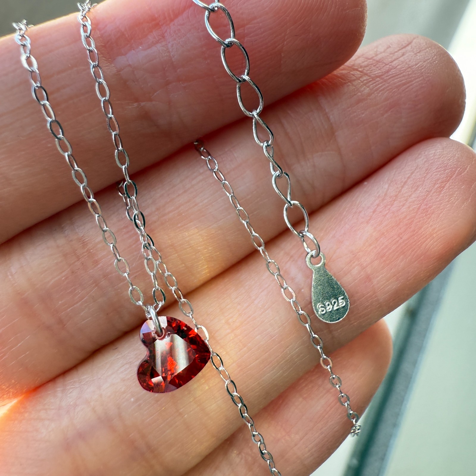 925 Sterling Silver Necklace 6mm Heart Red Natural Zircon Gemstone Chain Gift