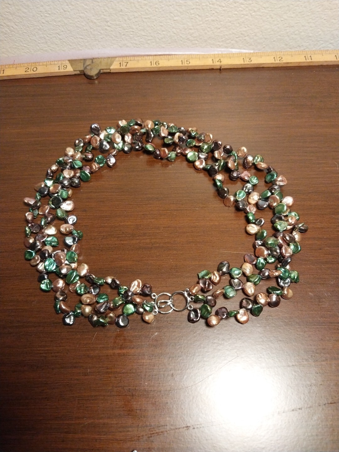 925 Signed Triple Strand Green Brown Champagne Pearl Bead Necklace 17in
