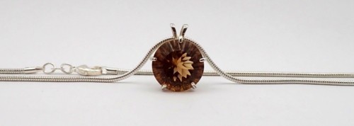 Concave Cut Golden Orange Imperial Topaz Necklace, 18.02 Carat Round Set in S/S