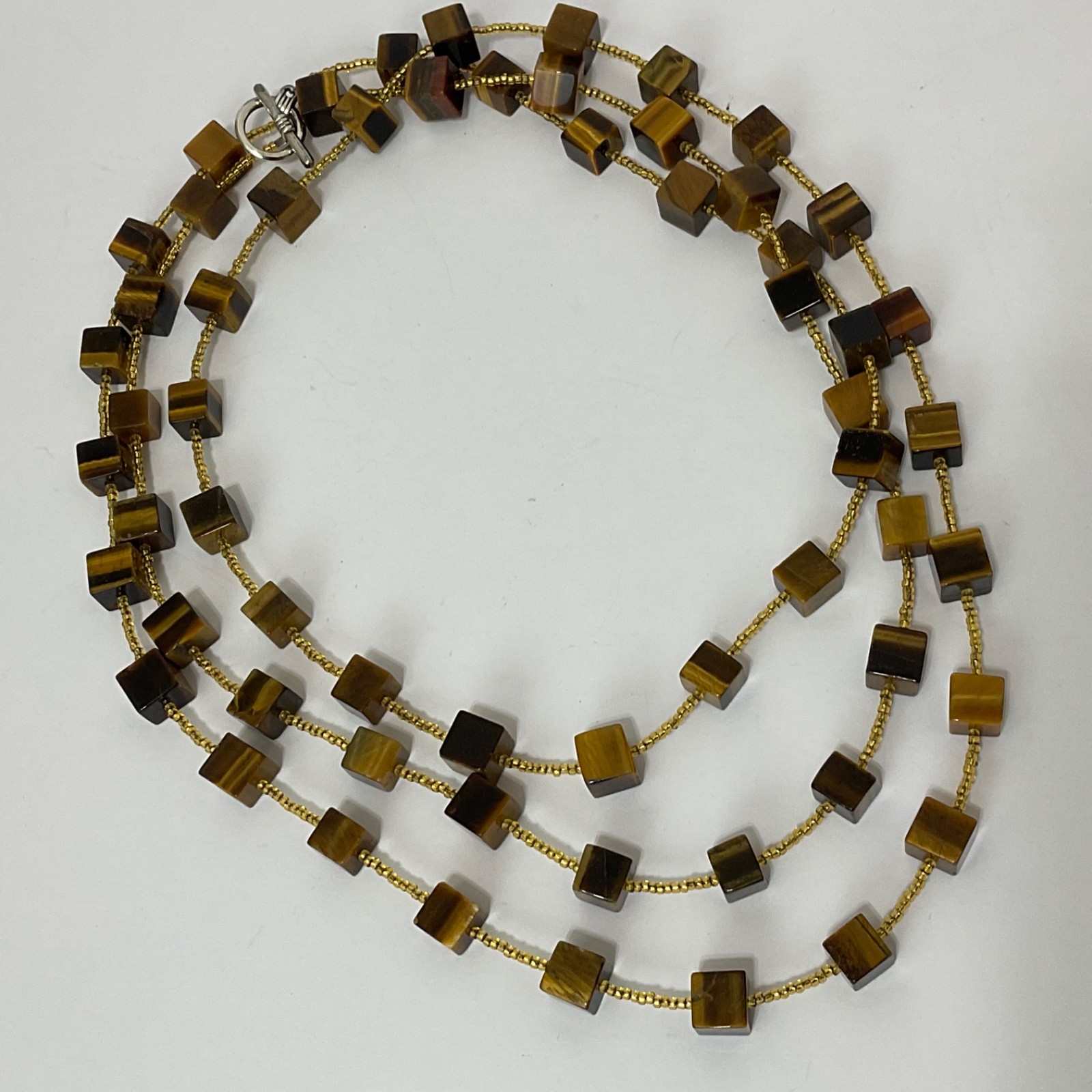 Genuine Tiger’s Eye Cube & Golden Bead Necklace Sterling Silver Toggle 64″ Long