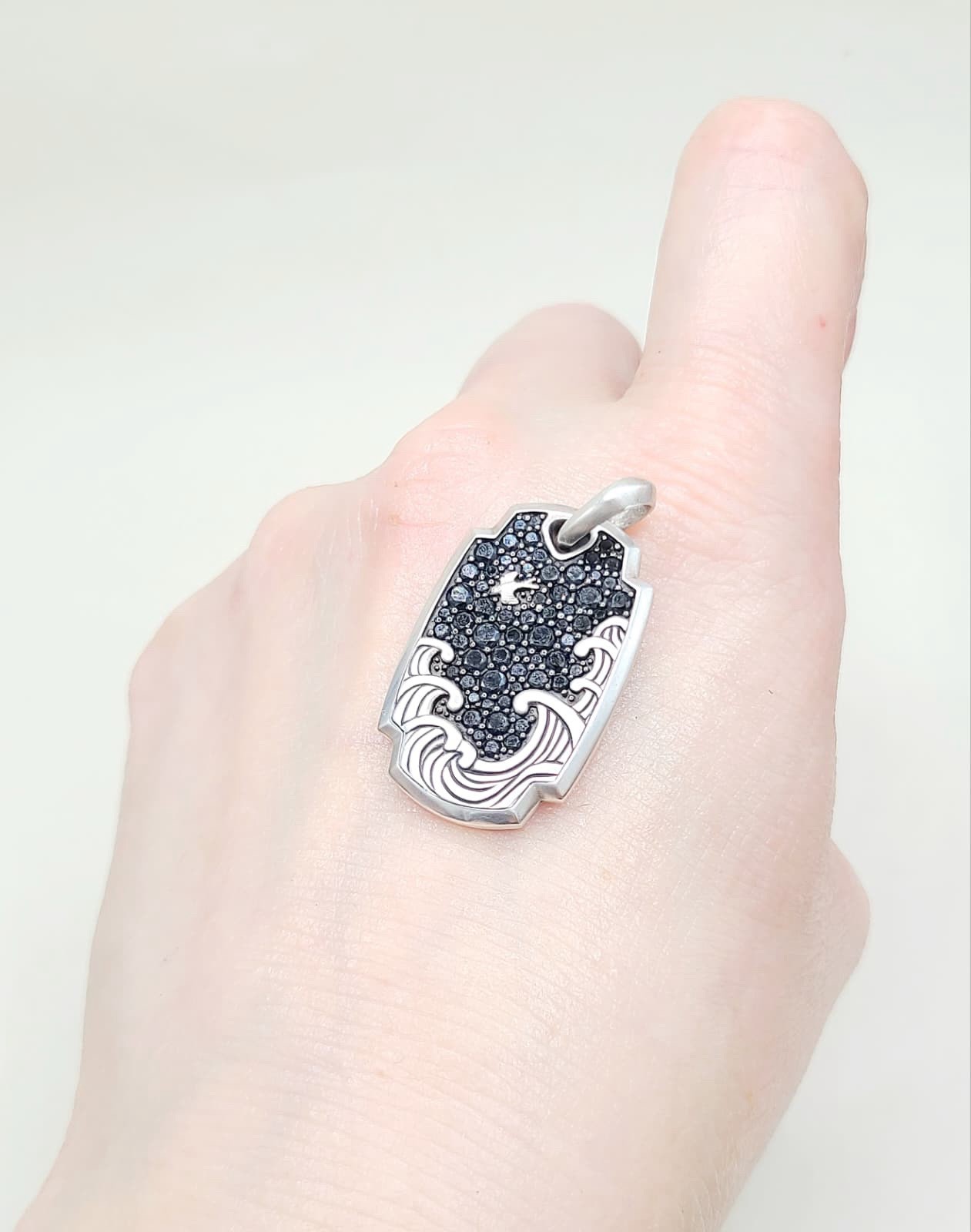 David Yurman Waves Tag Pendant With Pave Black Diamonds In Sterling Silver