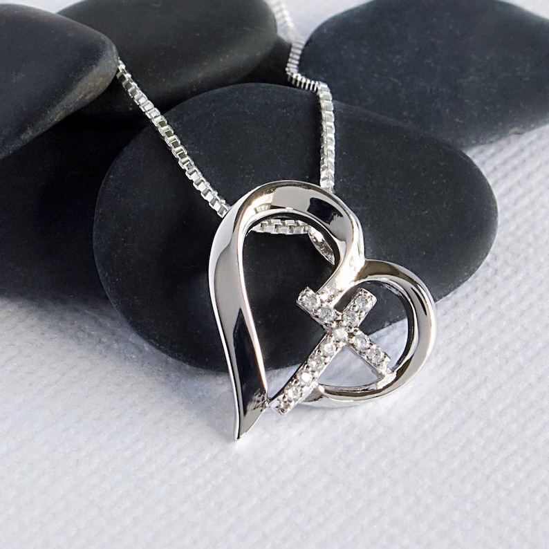 925 Silver 1.00 Ct Lab Created Diamond Cross and Heart Necklace White Gold Over
