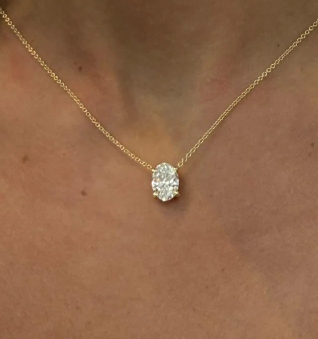 3.00Ct Oval-Cut EF/VS1 Lab Grown Diamond Prong Necklace& Pendant 14k Yellow Gold
