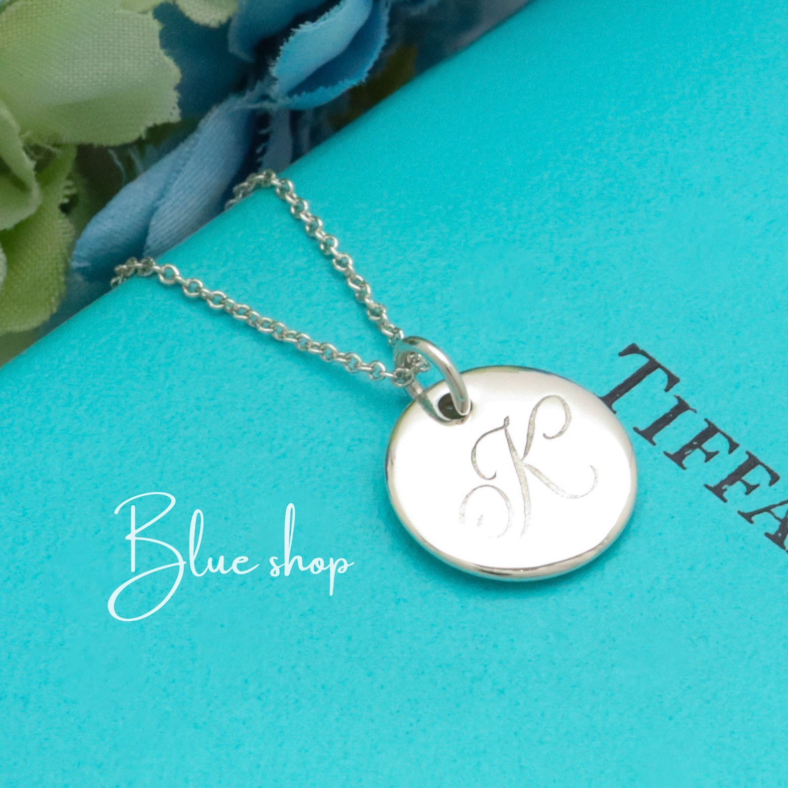 Tiffany & Co. Letter K Notes Alphabet Initial Disc Necklace 16.2″ Silver 925