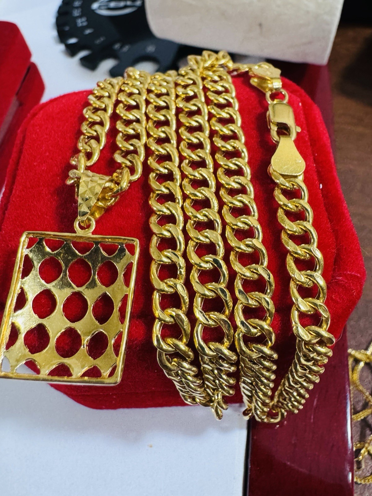 Saudi 22K 916 Real Fine Yellow Gold Rectangle Necklace 18.5”/18” Inch 5mm 14.1g