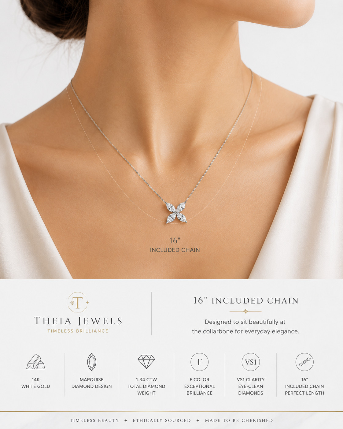1.34 CT Marquise Lab Grown Diamond Flower Pendant Necklace 14K White Gold