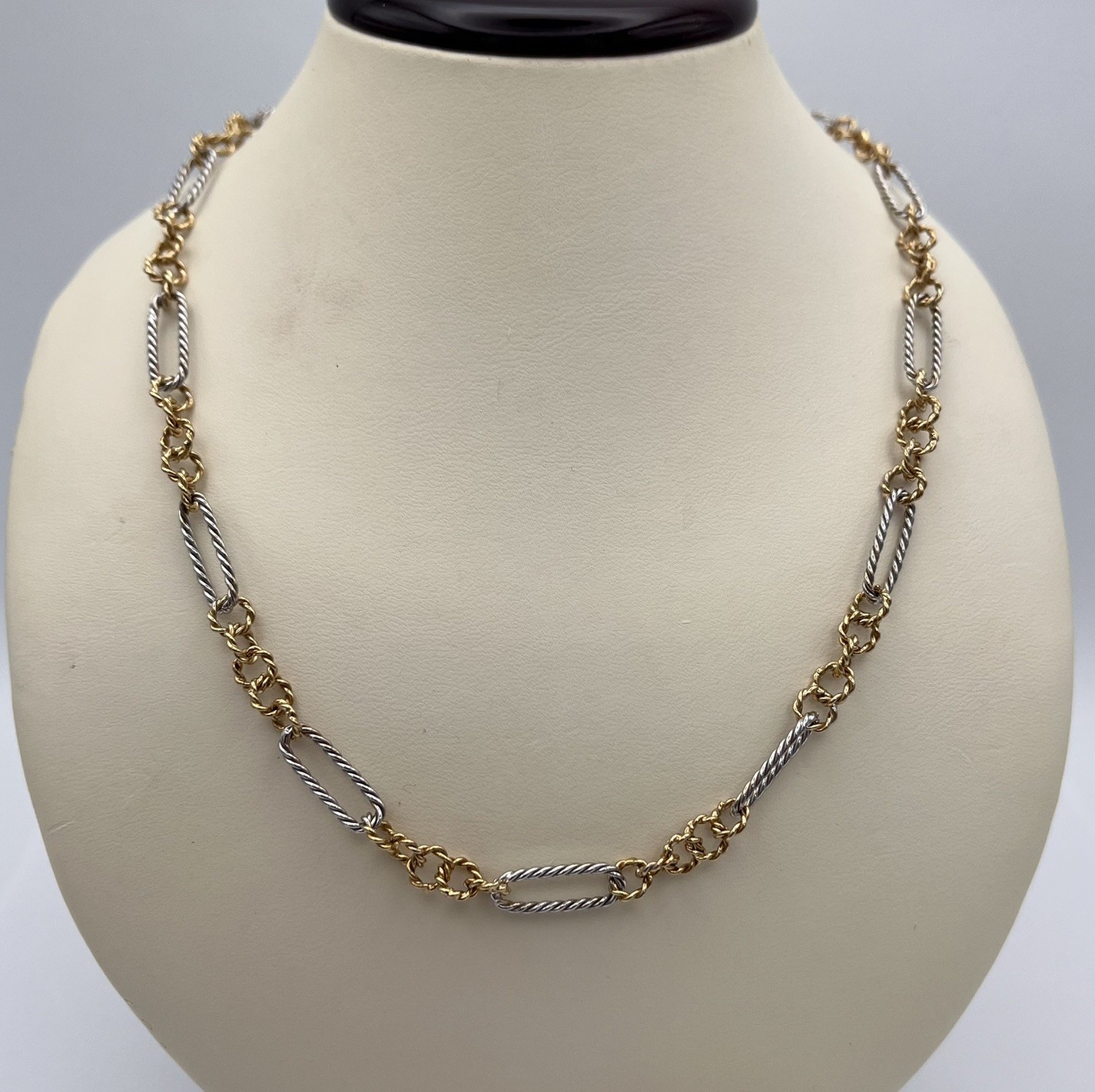 14k Two Tone Yellow White Gold Ladies 19.5″ Textured Link Chain Necklace