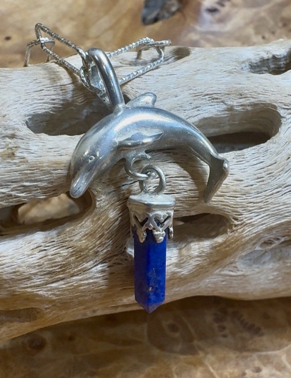 Sterling Silver Etched Paperclip Dolphin Necklace with Lapis Crystal Point Italy