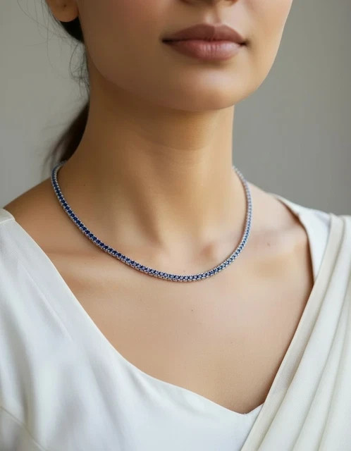 20Ct Round Cut Lab-Created Blue Sapphire Tennis Necklace 14K White Gold Plated