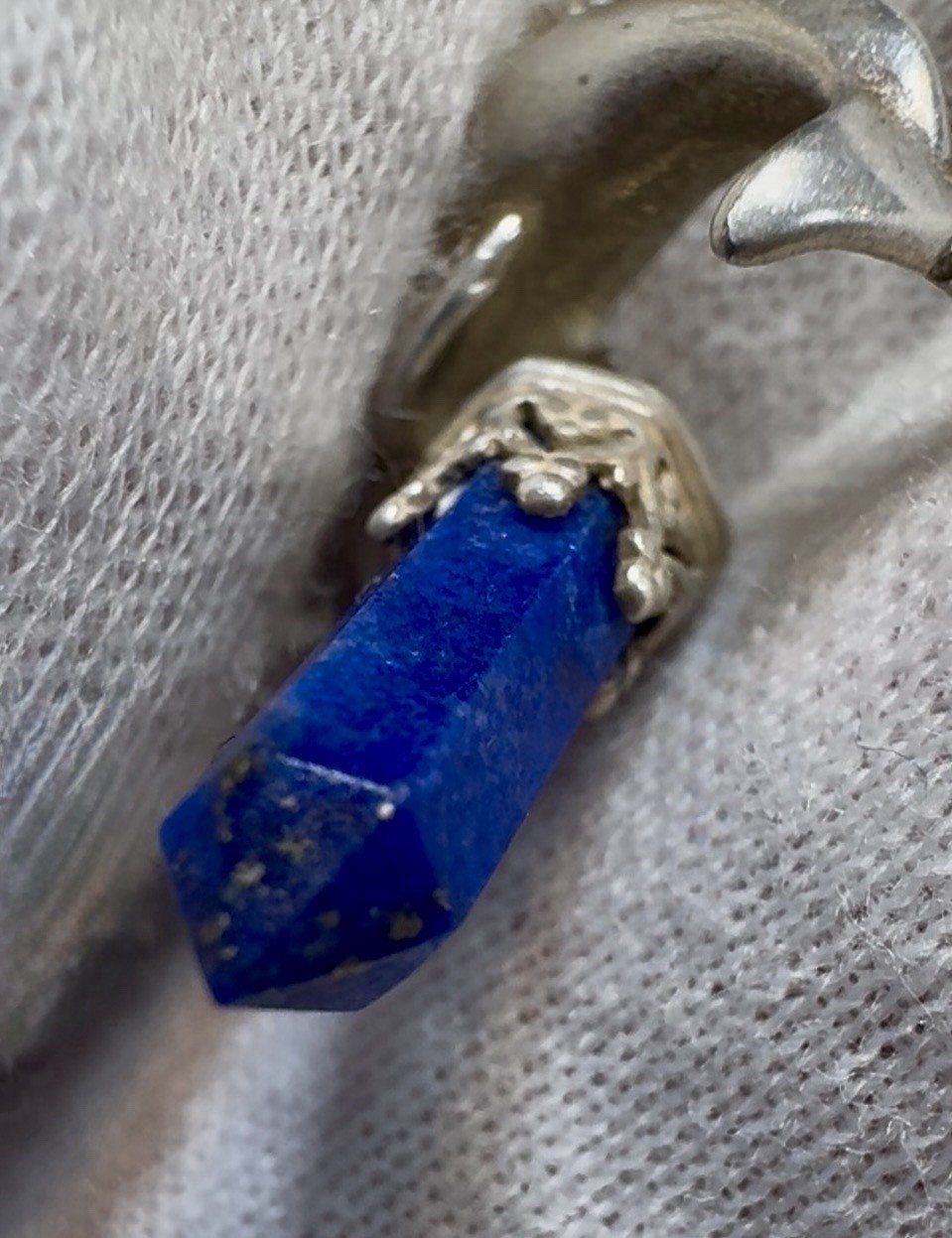 Sterling Silver Etched Paperclip Dolphin Necklace with Lapis Crystal Point Italy