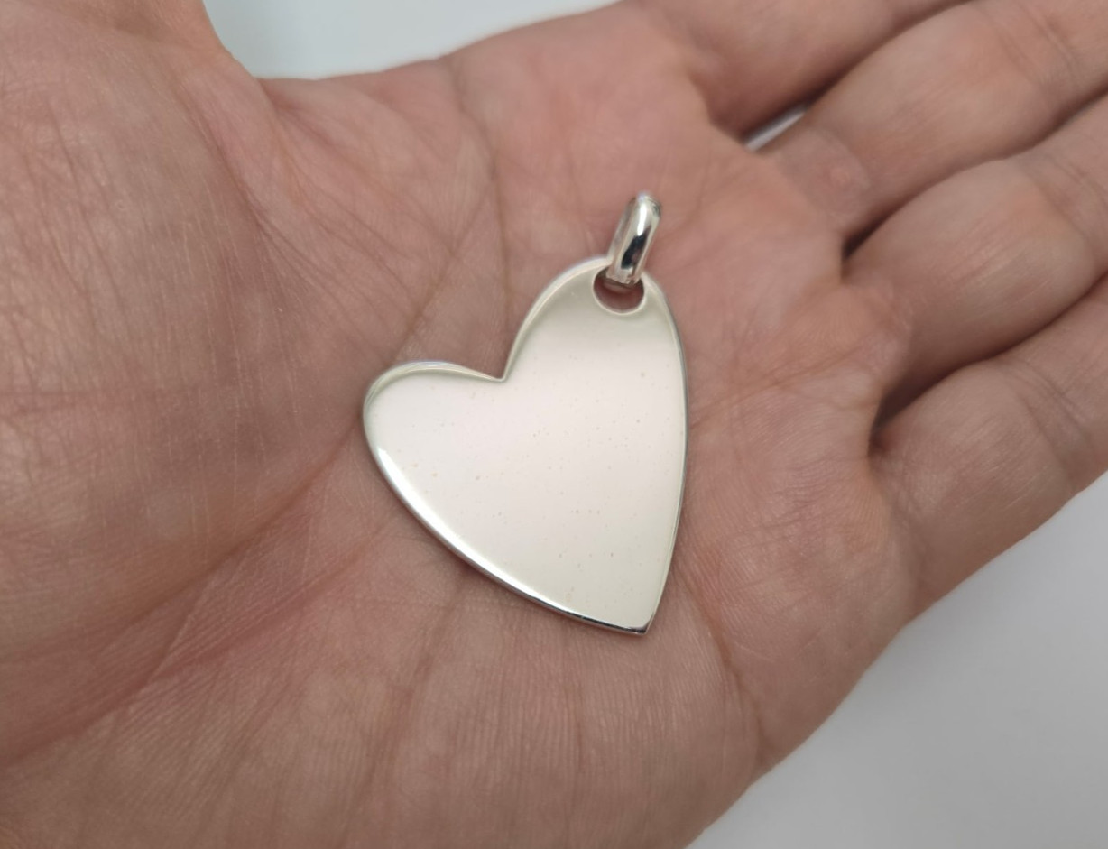 925 Sterling Silver Flat High Polished Heart Pendant 1 1/2 Inch (38mm) Tall