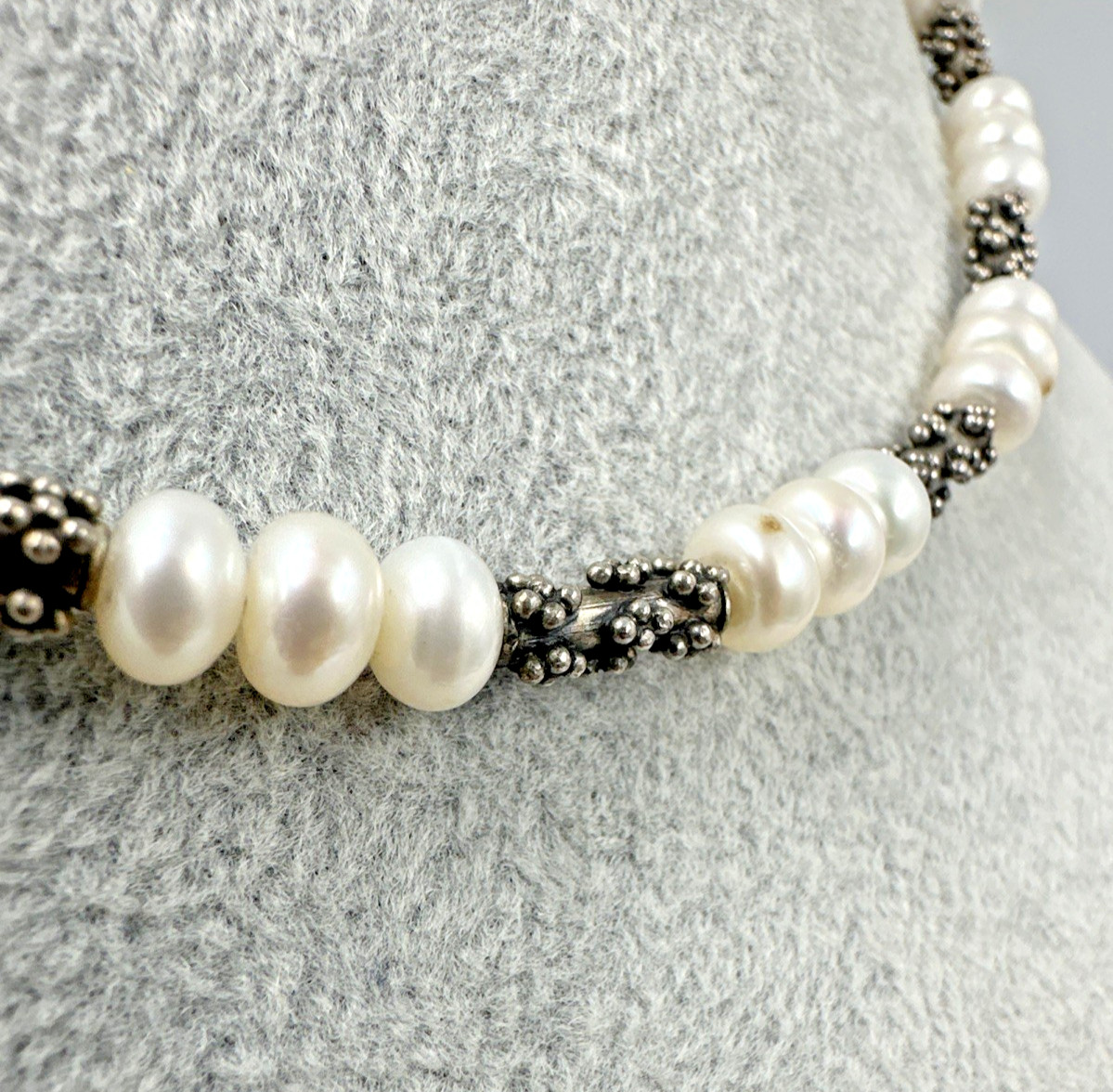 Sterling Silver Pearl Brutalist Caviar Popcorn Bead Station Necklace 16″ 28.6g