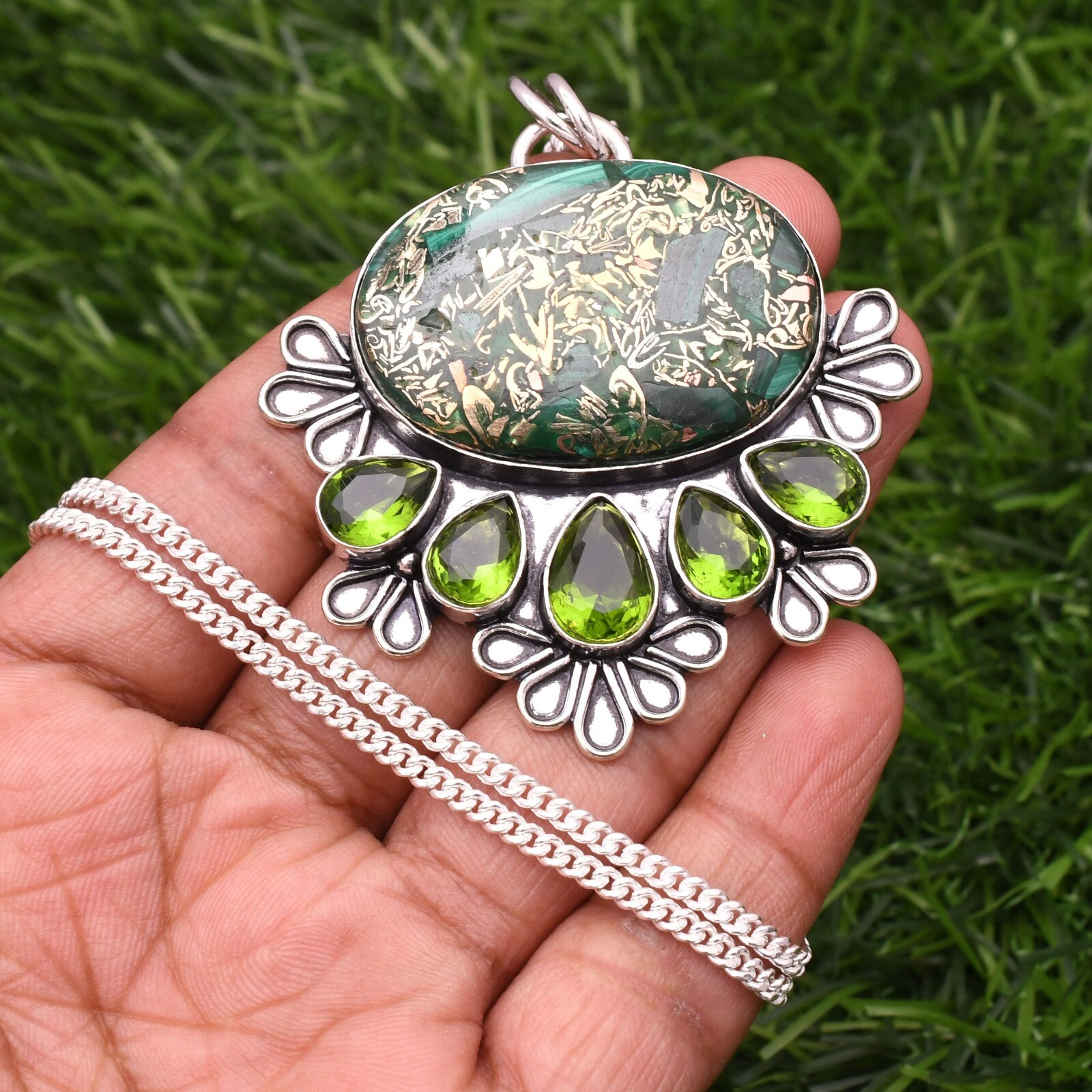 Copper Malachite 925 Sterling Silver Gemstone Handmade Jewelry Pendant 2.15″
