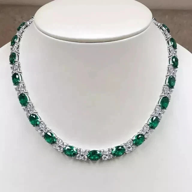 14K White Gold Plated 28 Ct Lab-Created Oval Cut Emerald Diamond Tennis Necklace