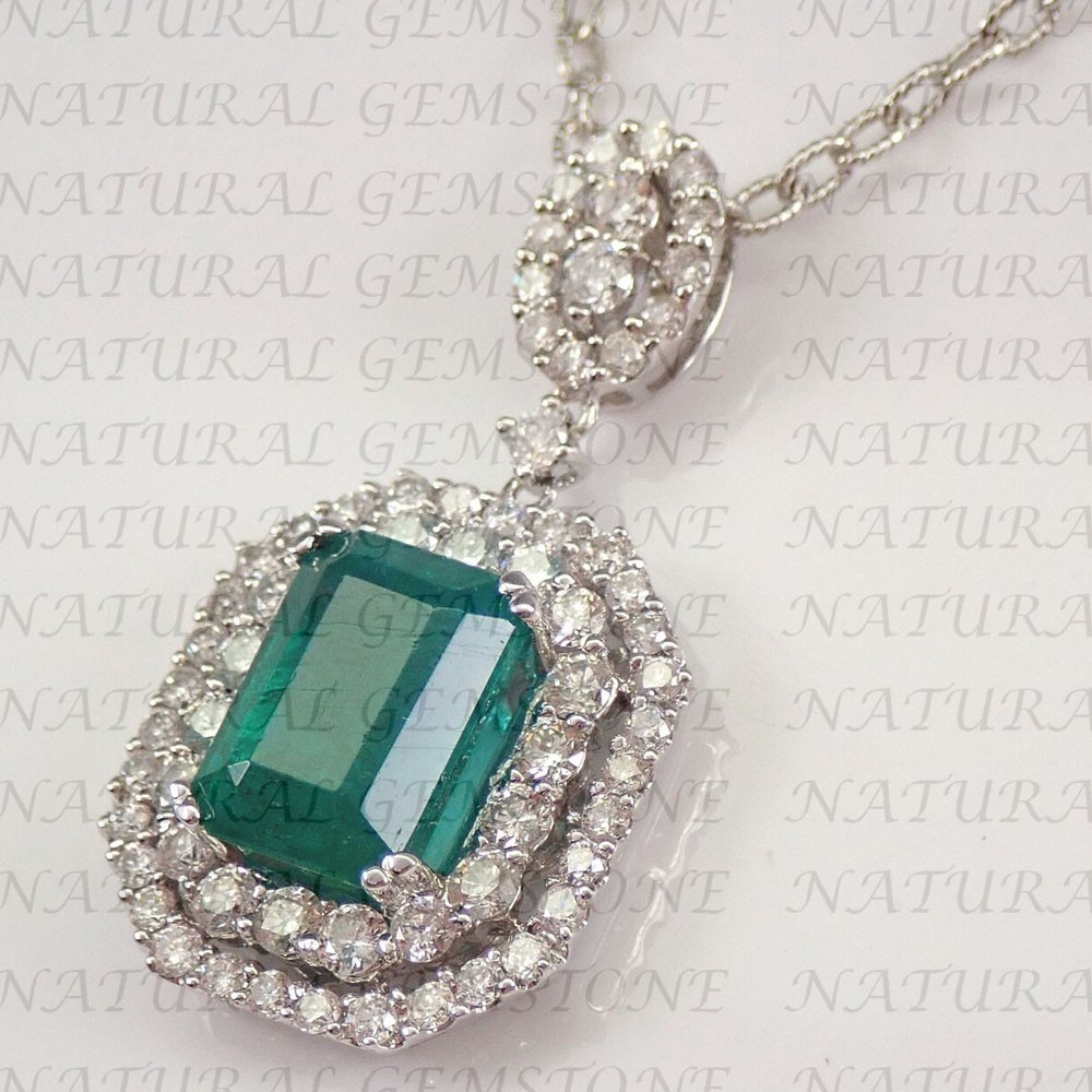 7Ct Emerald Cut Natural Green Emerald and Diamond Pendant 18K White Gold Plated