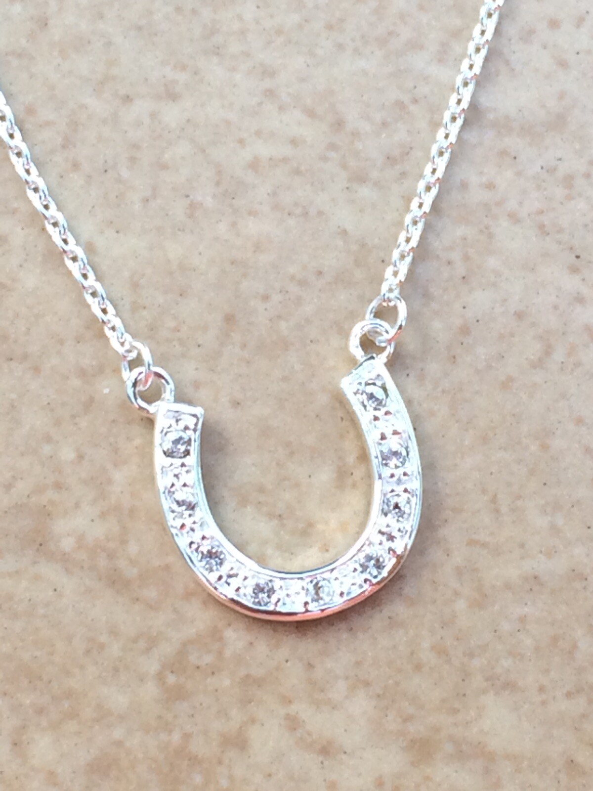 Sterling Silver 925 Crystal Horse Shoe Equine Luck Necklace Adjustable Stackable