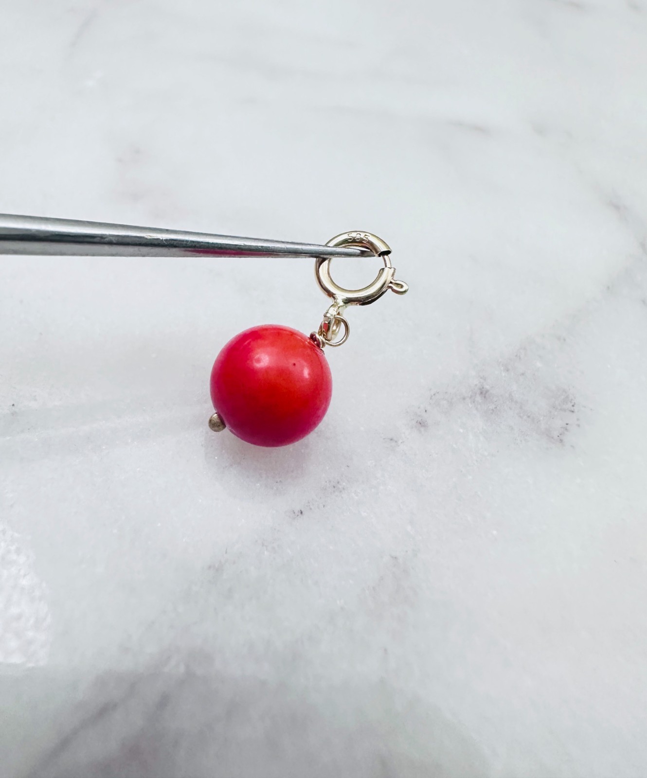 14K Solid Yellow Gold Small Round Red-Orange Coral Charm Pendant w/Spring Clasp