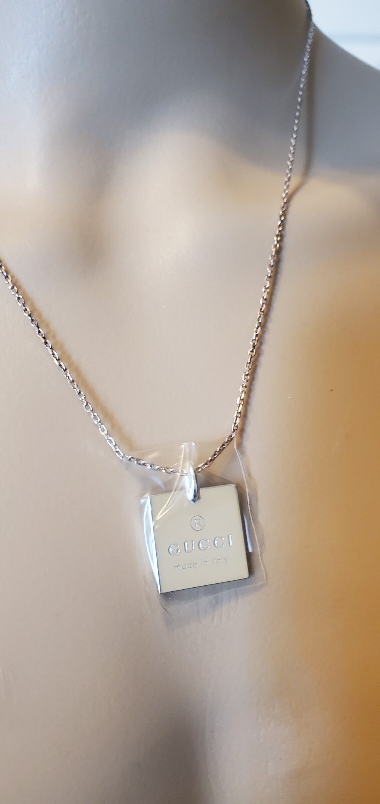 Gucci Trademark Necklace Chain Logo Square Pendant 925 Sterling Silver Rare NIB