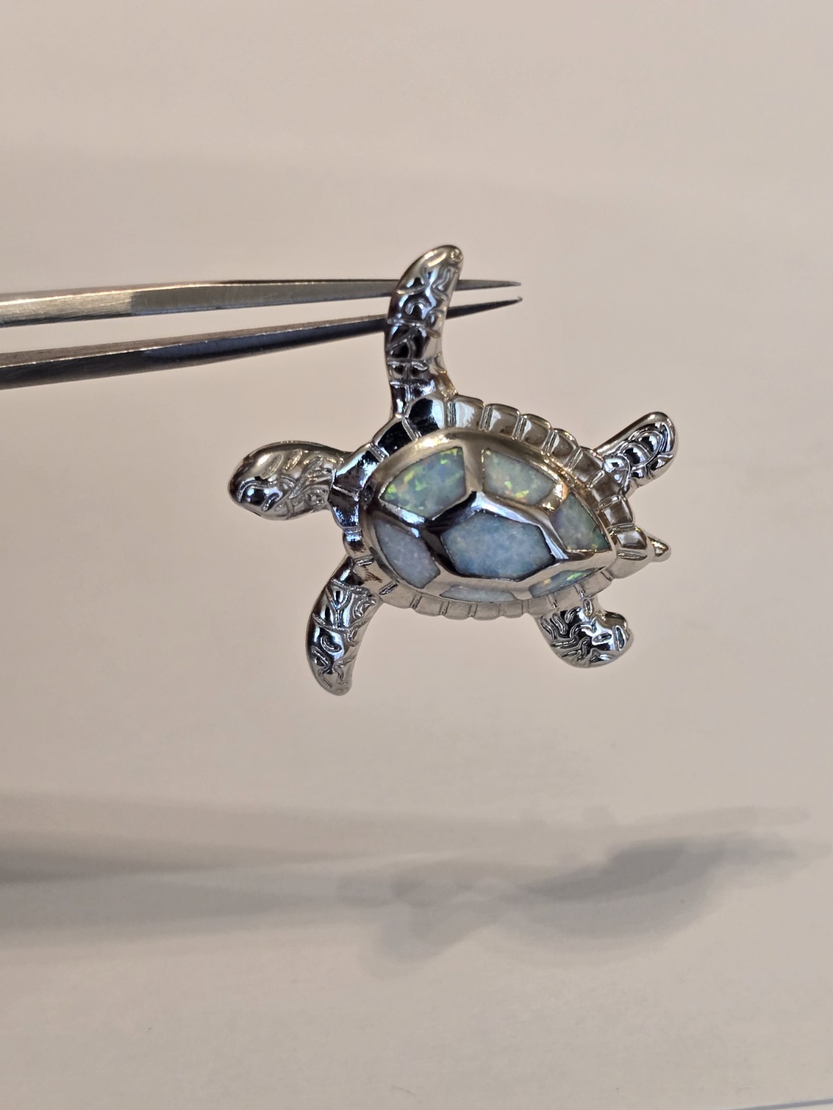 White Opal Sterling Silver Sea Turtle Pendant 925 Textured
