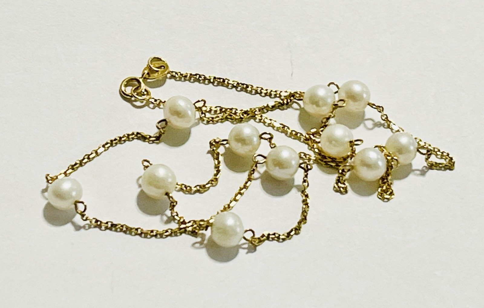 SOLID 14K YELLOW GOLD PEARL STATION CHAIN NECKLACE / 17″ LONG / 3.7 GRAMS