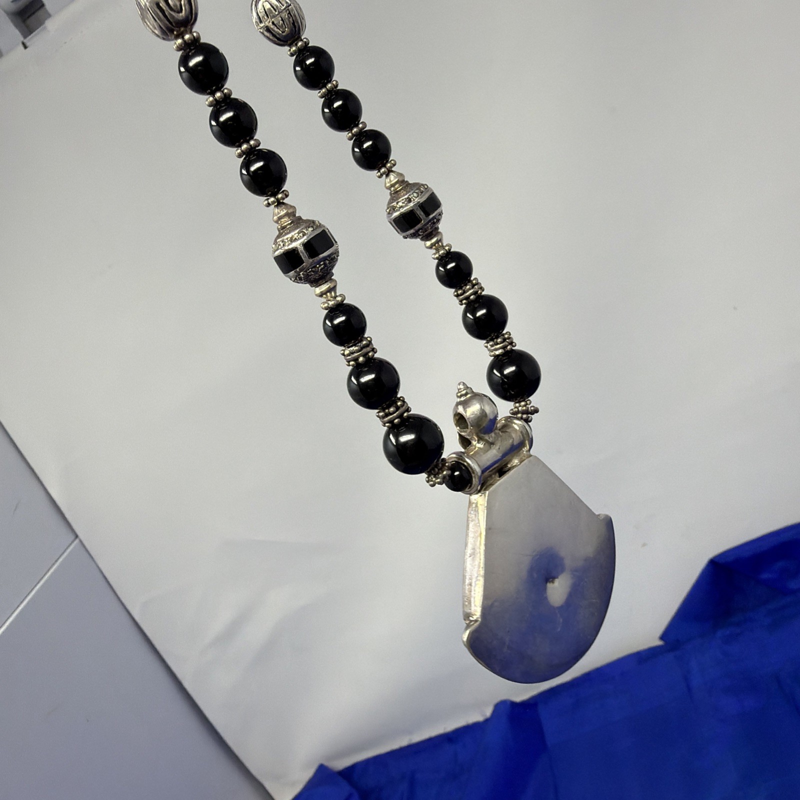 Sterling Silver 925 Black Onyx Beaded Bali Bead Necklace Large Pendant 17” 82.3g