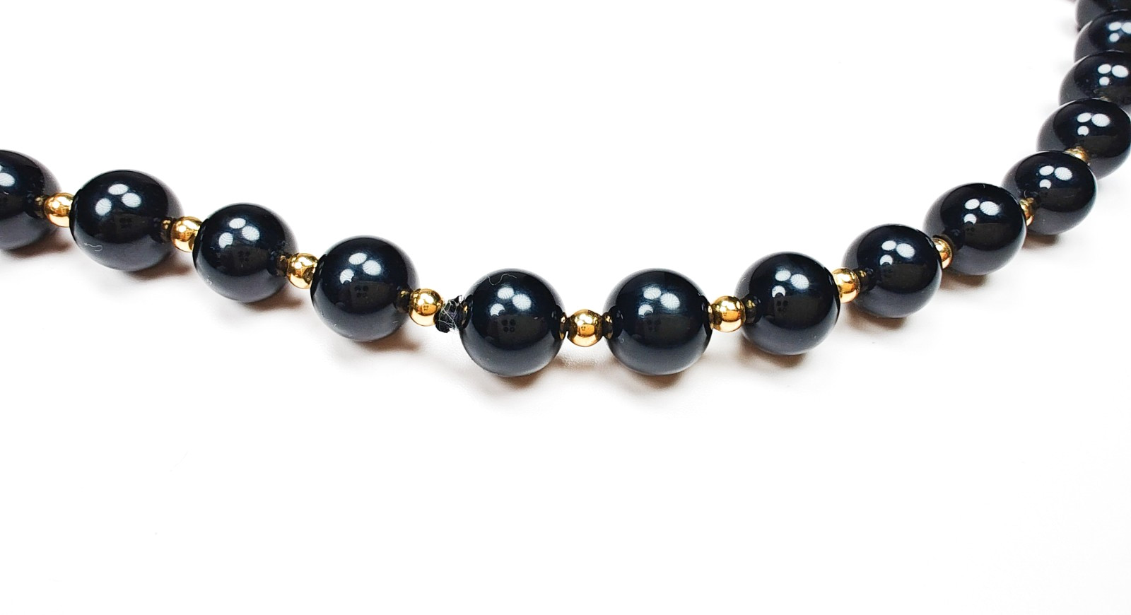 14K Yellow Gold Black Onyx Beaded Ball Necklace 29″ Long Estate 52.23g Vintage