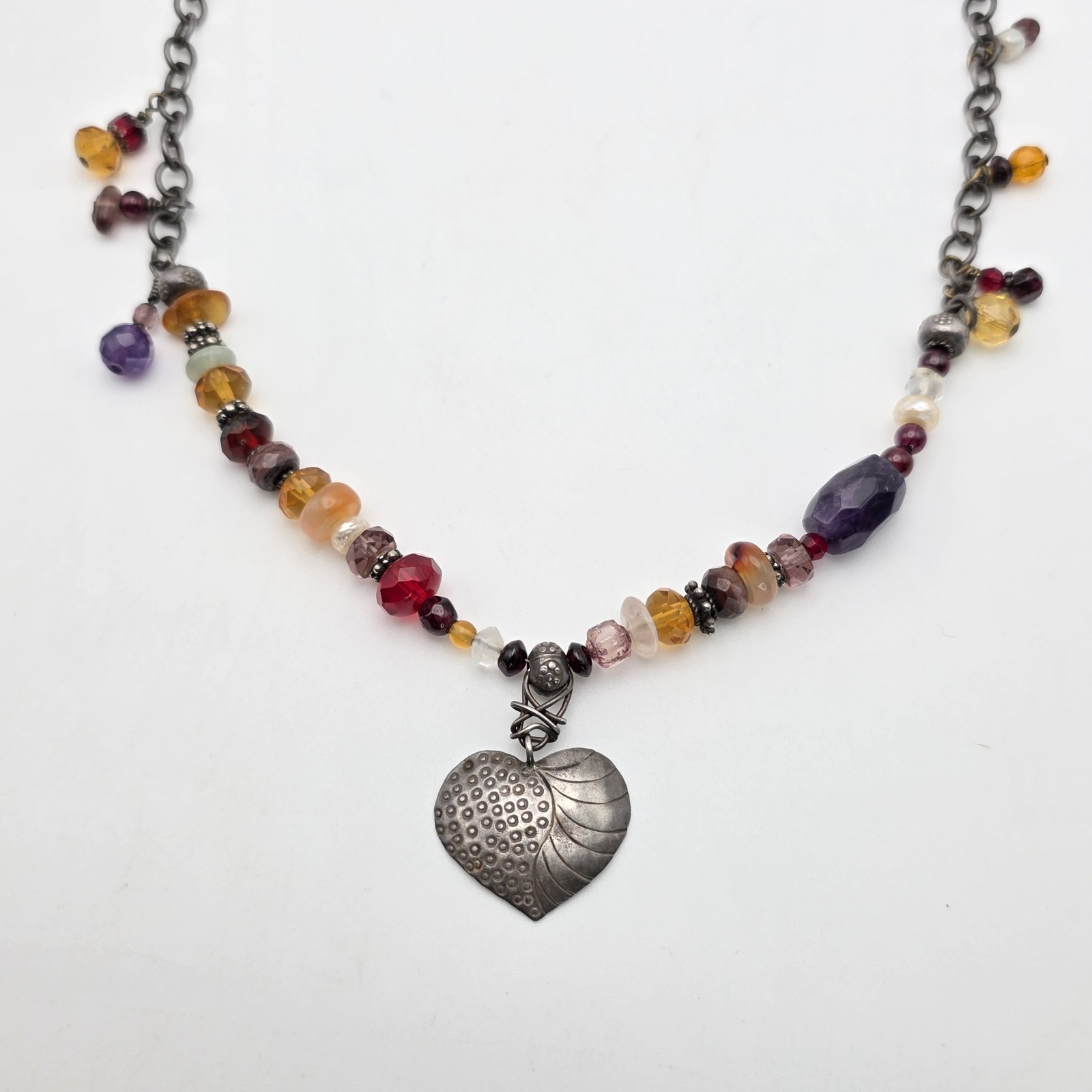 Multi-Color Gemstone Necklace Garnet Amethyst Citrine Pearl 925 Sterling Silver