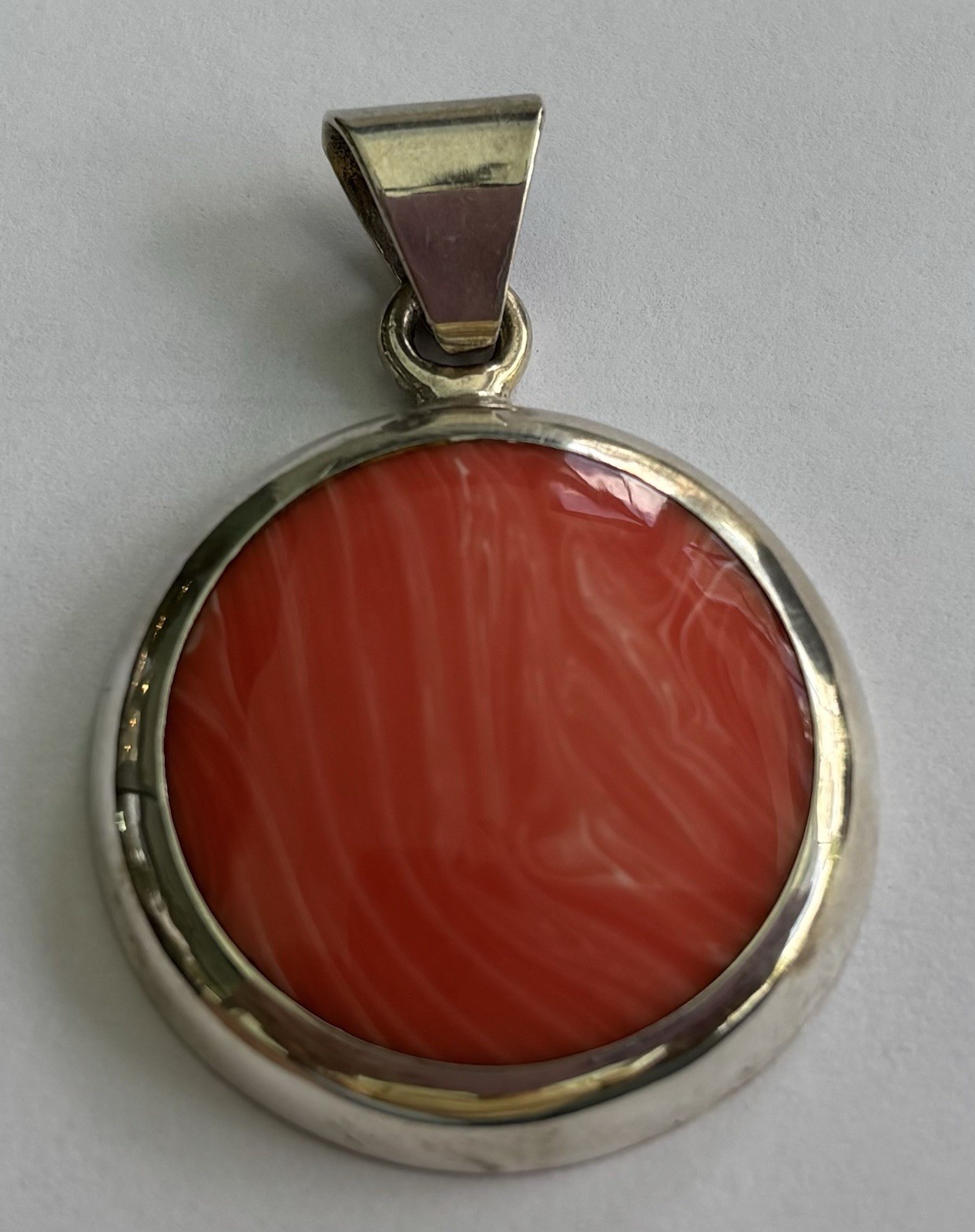 Mexico Signed 925 Sterling Silver Round Pendant Bezel Set Peach Stone