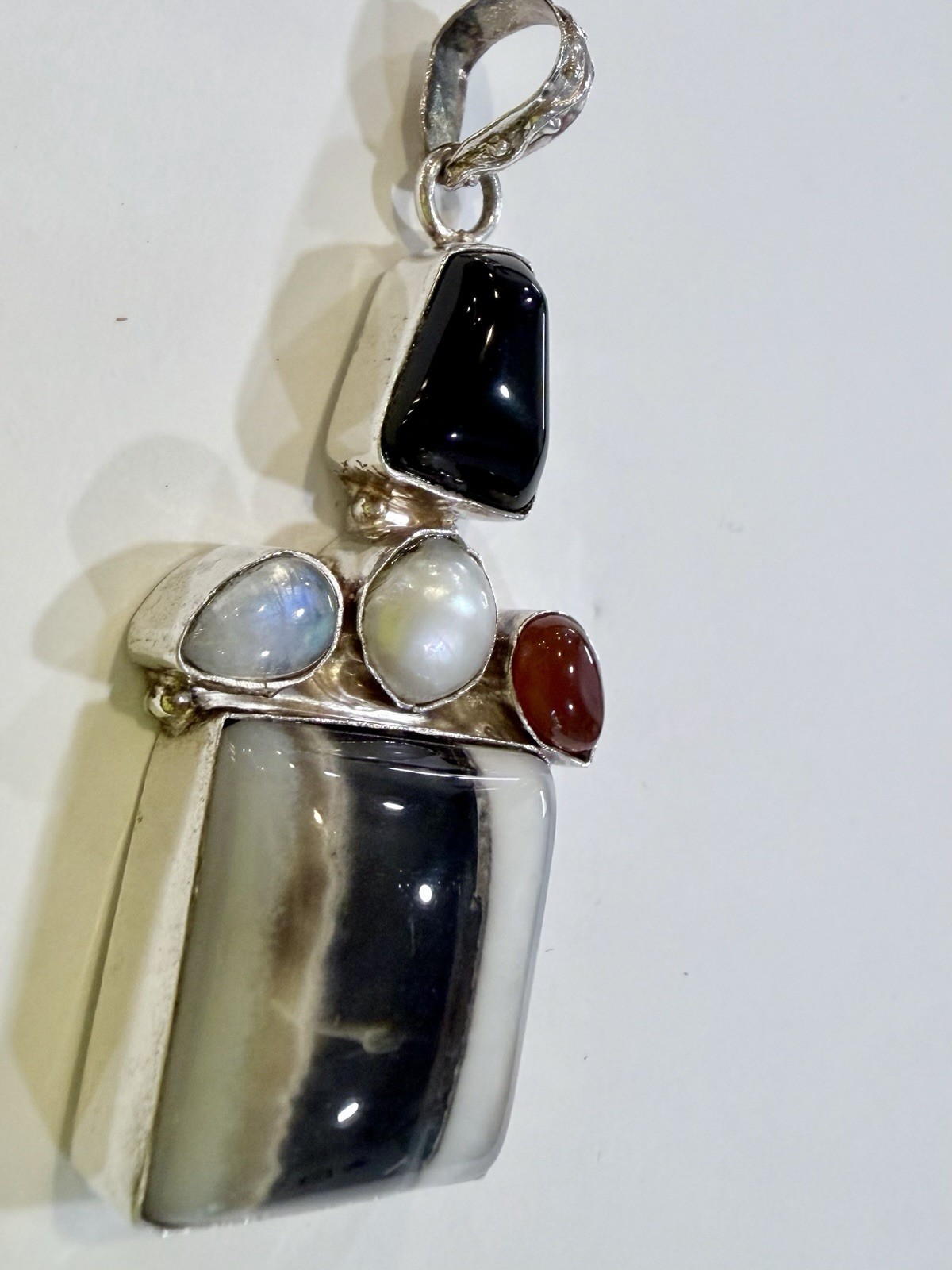 Unique Sterling Silver 925 Gemstone Pendant Agate Onyx Moonstone Pearl Carnelian