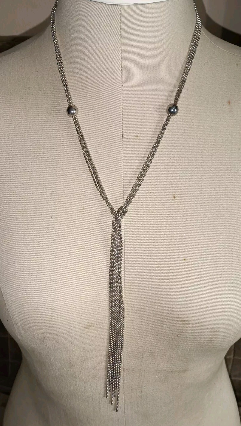 Milor Italy Sterling Silver Ball Chain Tassel Lariat Long Necklace 36 In