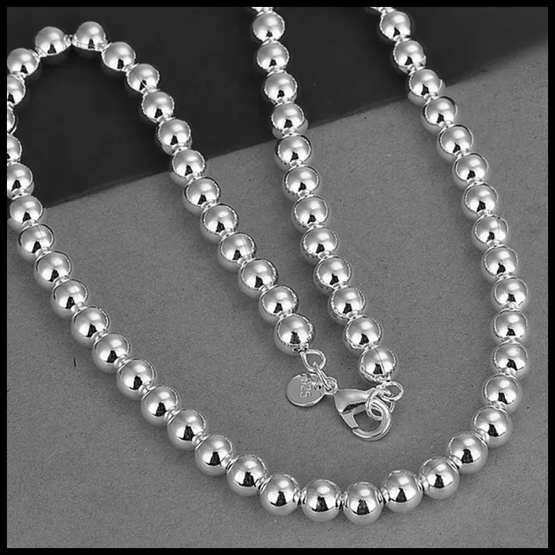 Sterling Silver 925 Smooth Beads Ball Chain Necklace Women 4MM 6MM 8MM